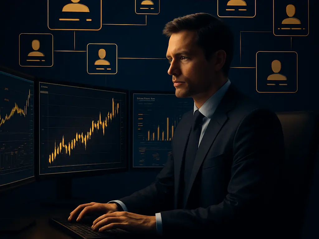 A money manager allocating bulk orders across multiple investor sub-accounts on a navy background